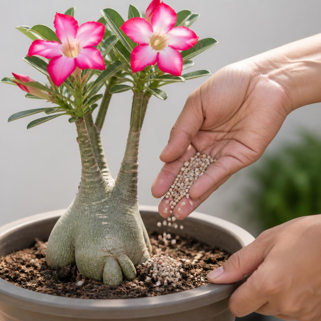Aplicação do fertilizante sobre a terra do vaso da Rosa do Deserto
