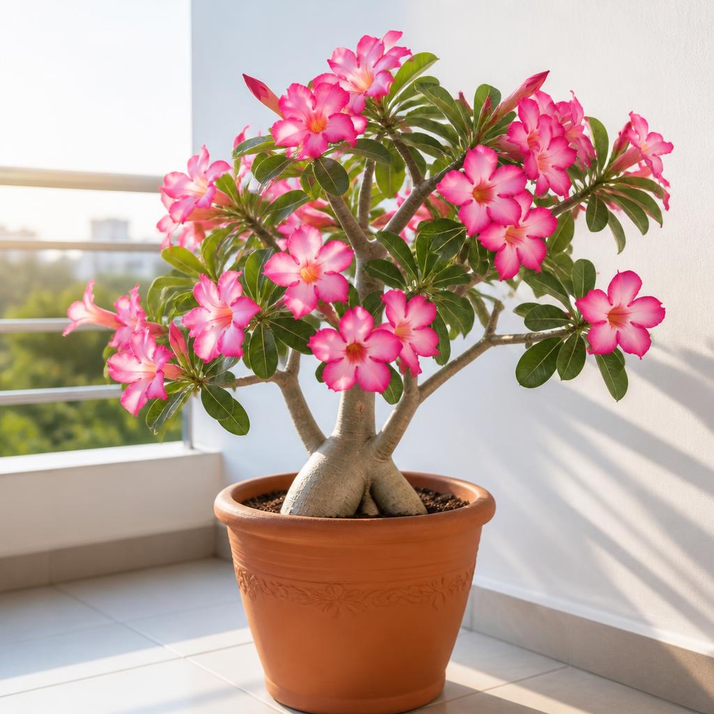 Rosa do Deserto com flores rosas em vaso de barro